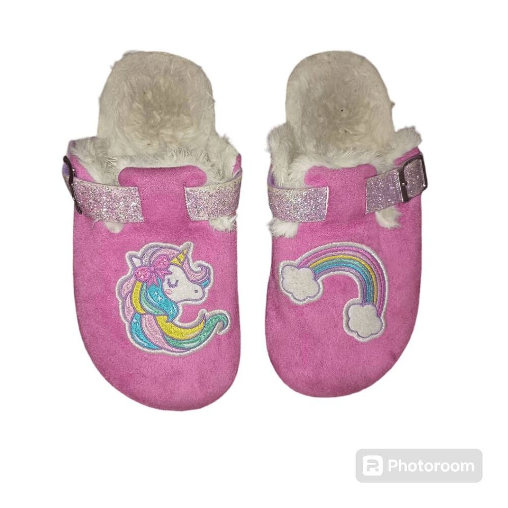 Wonder Nation Pink Rainbow Unicorn Clogs Faux Fur Lining Girls Sz 13 1